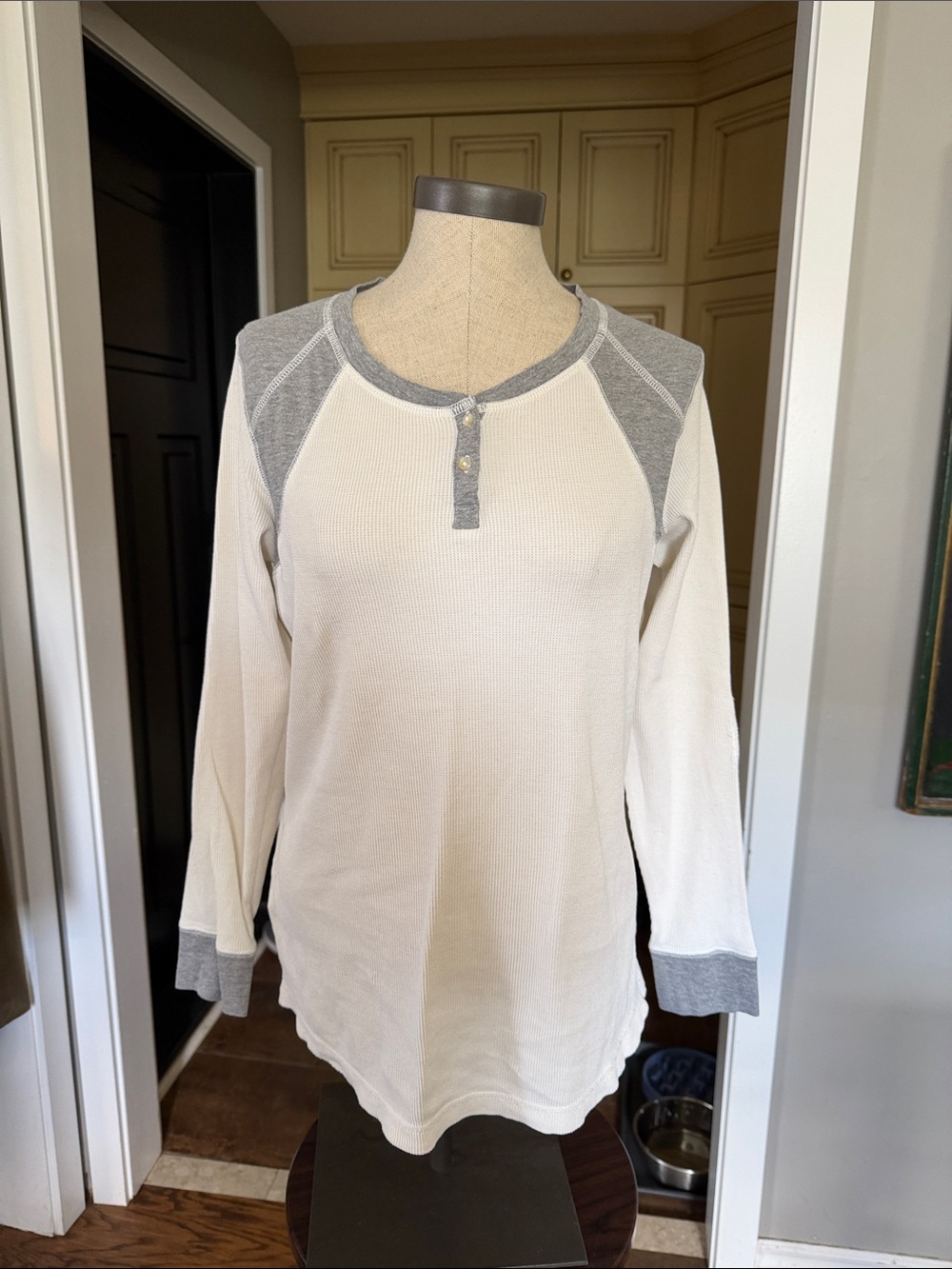 Eddie Bauer Cream and Gray Long Sleeve Henley Top